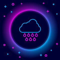 Glowing neon line Cloud with rain icon isolated on black background. Rain cloud precipitation with rain drops. Colorful outline concept. Vector