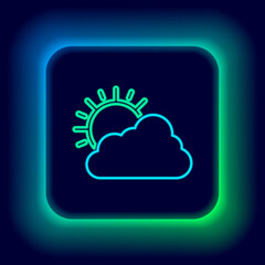 Glowing neon line Sun and cloud weather icon isolated on black background. Colorful outline concept. Vector