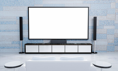 Home Theater brick marble pattern wallpaper without people. Screen TV and  Audio equipment for Mini Home Theater in Living room. White sofa bed on the marble floor. 3D Rendering.