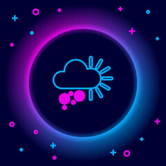 Glowing neon line Cloudy with snow icon isolated on black background. Cloud with snowflakes. Single weather icon. Snowing sign. Colorful outline concept. Vector
