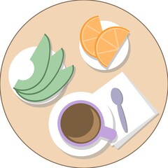 Vector illustration, breakfast coffee with fruit slices oranges and avocado on beige background