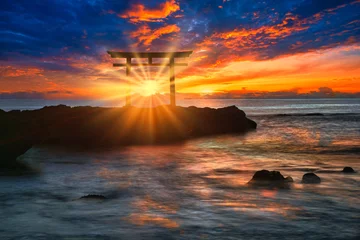Afwasbaar fotobehang 大洗海岸に立つ神磯の鳥居 © san724