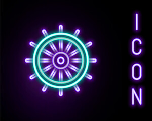 Glowing neon line Ship steering wheel icon isolated on black background. Colorful outline concept. Vector
