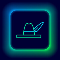 Glowing neon line Oktoberfest hat icon isolated on black background. Hunter hat with feather. German hat. Colorful outline concept. Vector