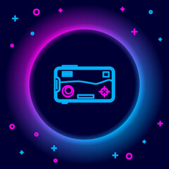 Glowing neon line Smartphone and playing in game icon isolated on black background. Mobile gaming concept. Colorful outline concept. Vector