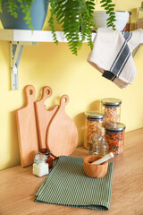 Products and cutting boards on kitchen counter