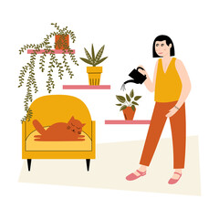 A woman watering a houseplant and cat sleeping on an armchair.  Vector flat illustration with a person enjoying his hobby at home. Home gardening