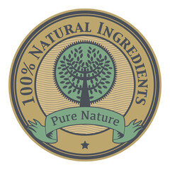 Stamp with tree and the words Natural Ingredients, Pure Nature inside