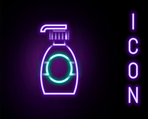 Glowing neon line Bottle of liquid antibacterial soap with dispenser icon isolated on black background. Disinfection, hygiene, skin care concept. Colorful outline concept. Vector