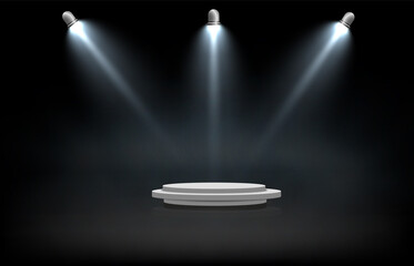 Podium stage for presentations and performances with spotlights and beams of light.