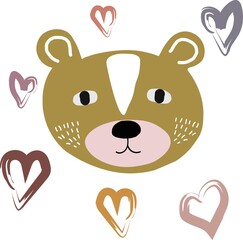 Cute cartoon bear with hearts. Beautiful children's print