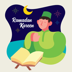 Ramadan Kareem. Muslim man praying with Quran during Islam festival Eid al-Fitr celebration. - illustration