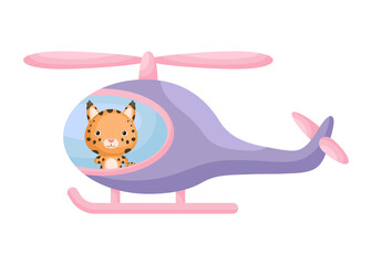 Cute little lynx pilot in violet helicopter. Cartoon character for childrens book, album, baby shower, greeting card, party invitation, house interior. Vector stock illustration.