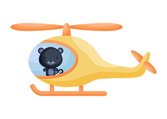 Cute little panther pilot in yellow helicopter. Cartoon character for childrens book, album, baby shower, greeting card, party invitation, house interior. Vector stock illustration.