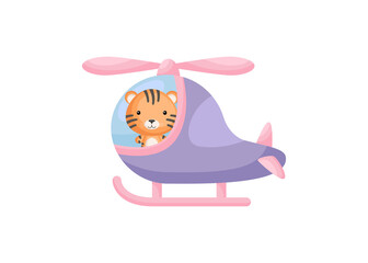 Cute little tiger pilot in violet helicopter. Cartoon character for childrens book, album, baby shower, greeting card, party invitation, house interior. Vector stock illustration