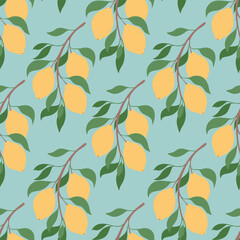 Vector seamless pattern : branches with ripe yellow lemons and green leaves on  blue. Flat design  for  textile, wrapping paper, wallpaper, card, poster, invitation, logo, illustration.