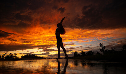 Black silhouette of pretty girl or beautiful woman, sexy slim model, with long hair poses on sea beach at sunset outdoors on violet sky background