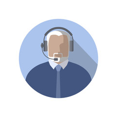 The operator is an elderly man online, wearing headphones with a microphone, a headset. Call center employee or support service, streamer, blogger. Color avatar, isolated vector illustration