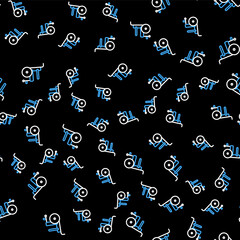 Line Wheelchair for disabled person icon isolated seamless pattern on black background. Vector