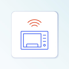 Line Smart microwave oven system icon isolated on white background. Home appliances icon. Internet of things concept with wireless connection. Colorful outline concept. Vector