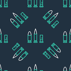 Line Bullet and cartridge icon isolated seamless pattern on black background. Vector
