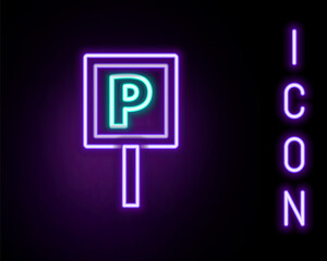 Glowing neon line Parking icon isolated on black background. Street road sign. Colorful outline concept. Vector