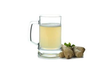 Glass of ginger beer and ingredient isolated on white