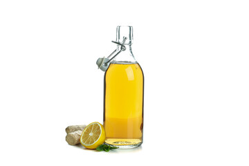 Bottle of ginger beer and ingredient isolated on white