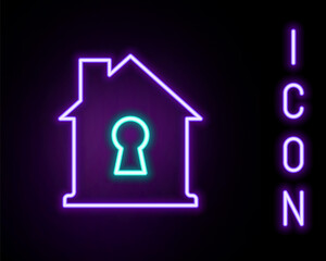 Glowing neon line House under protection icon isolated on black background. Home and shield. Protection, safety, security, protect, defense concept. Colorful outline concept. Vector