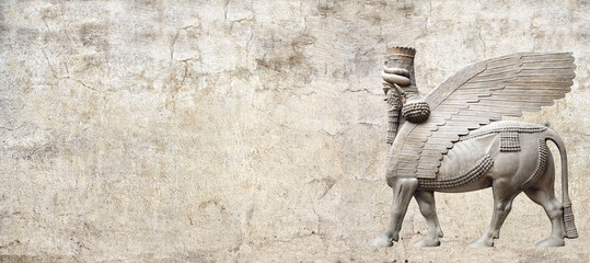 Grunge background with stone texture and lamassu
