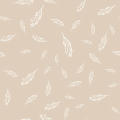 Hand-drawn floral background. Vector seamless pattern in doodle style. White leaves on a beige background.