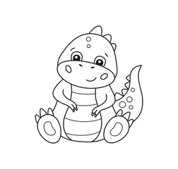 Cute little dinosaur for kid coloring book. Baby tyrannosaurus. Children puzzle game. Black and white cartoon vector illustration on white background
