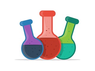 Three large flasks with multi-colored liquids on a white background. Vector illustration in a flat style.