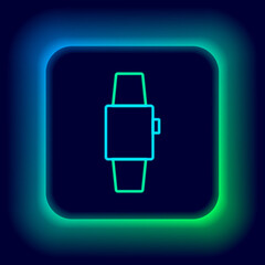 Glowing neon line Smartwatch icon isolated on black background. Colorful outline concept. Vector