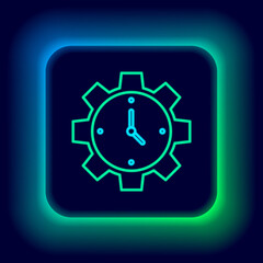 Glowing neon line Time Management icon isolated on black background. Clock and gear sign. Productivity symbol. Colorful outline concept. Vector