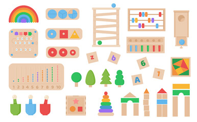 Vector Set of Montessori games. Children wooden eco friendly logic toys for preschool kids. Playthings for baby development. Collection of various element for entertainment and educational games.