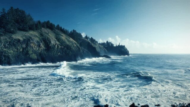 Hazy Blue Aerial of Cape Disappointment Lighthouse with Slow Motion Waves