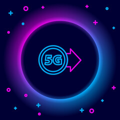 Glowing neon line 5G new wireless internet wifi connection icon isolated on black background. Global network high speed connection data rate technology. Colorful outline concept. Vector