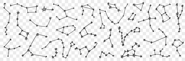 Star constellation on sky doodle set. Collection of hand drawn various sky star constellation of different shapes bright shining isolated on transparent background