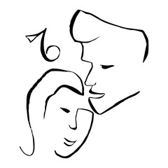 Abstract face line art. Passion couple and kissing man and women illustration. Female boho composition