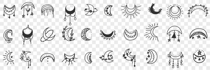 Moons as accessories doodle set. Collection of hand drawn elegant moons and stars as decorations and accessories for interior beauty isolated on transparent background