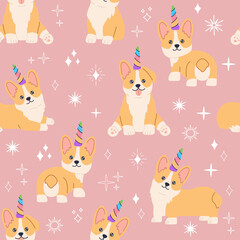 Kawaii corgi unicorn with colourful rainbow horn, little magic pet dog with cute smiling face. Doggy seamless pattern on pink background. Hand drawn trendy modern illustration in flat cartoon style