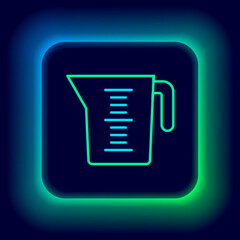 Glowing neon line Measuring cup to measure dry and liquid food icon isolated on black background. Plastic graduated beaker with handle. Colorful outline concept. Vector