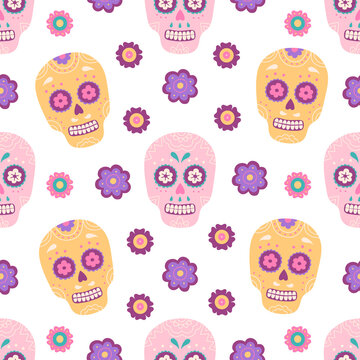 Mexican traditional sugar skull with flowers seamless pattern, cinco de mayo symbol. Pink, yellow skeleton with ornament. Vector illustration in flat cartoon style, wrapping paper, white background