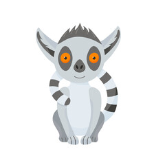 A happy grey lemur sits and hugs itself with its fluffy tail. Cute baby animal in cartoon style. Vector illustration, isolated color elements on a white background