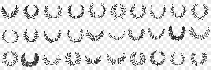 Natural leaves ornament and wreath doodle set. Collection of hand drawn elegant natural semicircle patterns wreaths ornaments for awards or interior decorations isolated on transparent background