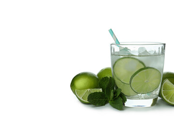 Glass of mojito cocktail and ingredients isolated on white background