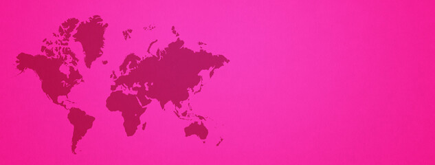 World map on pink wall background. Horizontal banner