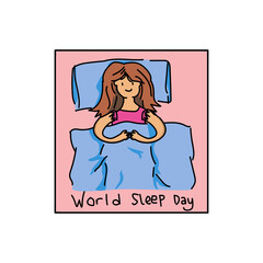 Hand drawing illustration cartoon girl for world sleep day