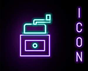 Glowing neon line Manual coffee grinder icon isolated on black background. Colorful outline concept. Vector